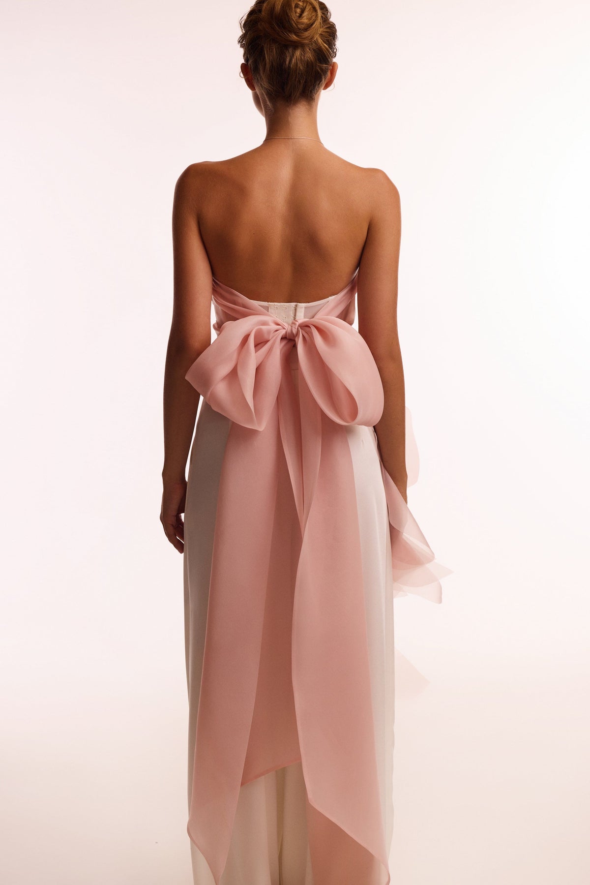 Gathered Waist Straight Neck Bow Pink Top