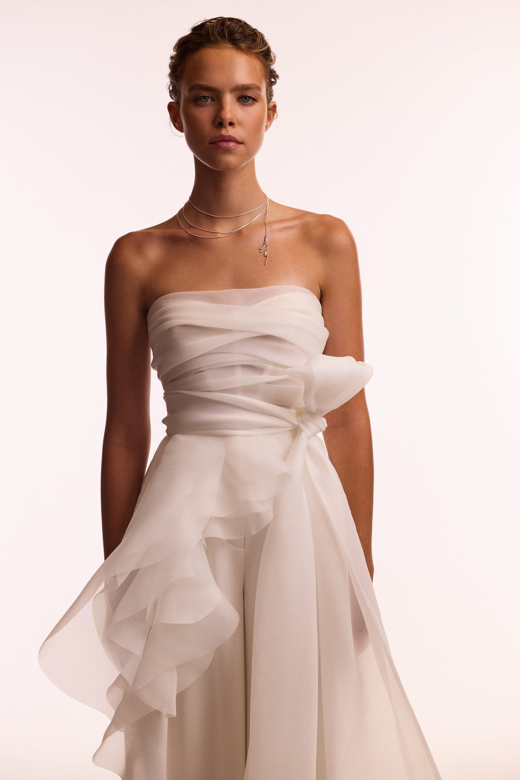 Gathered Waist Straight Neck Bow White Top