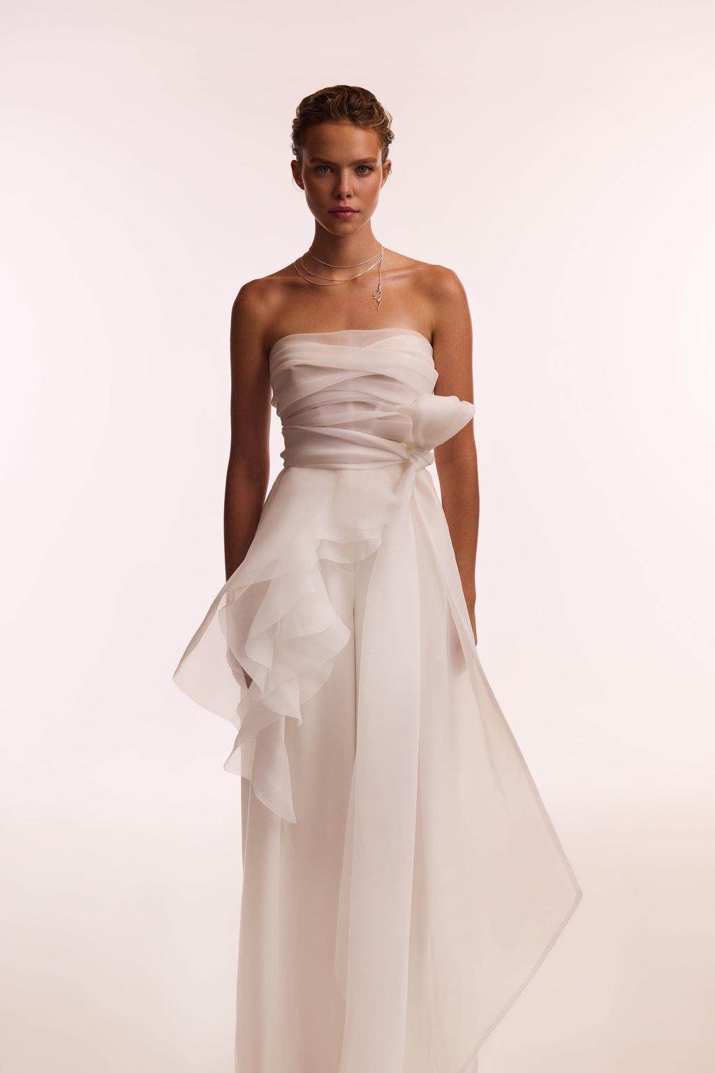 Gathered Waist Straight Neck Bow White Top