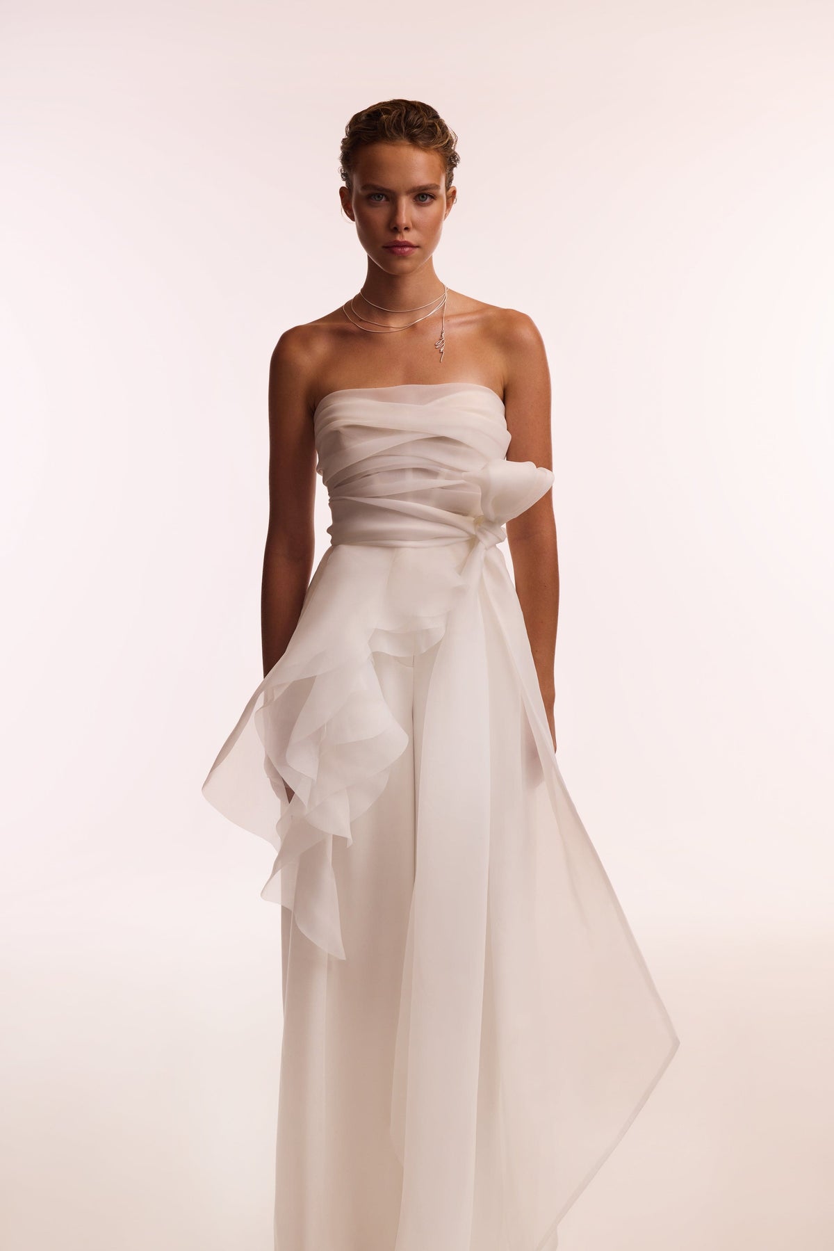 Gathered Waist Straight Neck Bow White Top