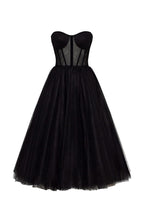 Black Strapless Puffy Midi Tulle Dress - Milla