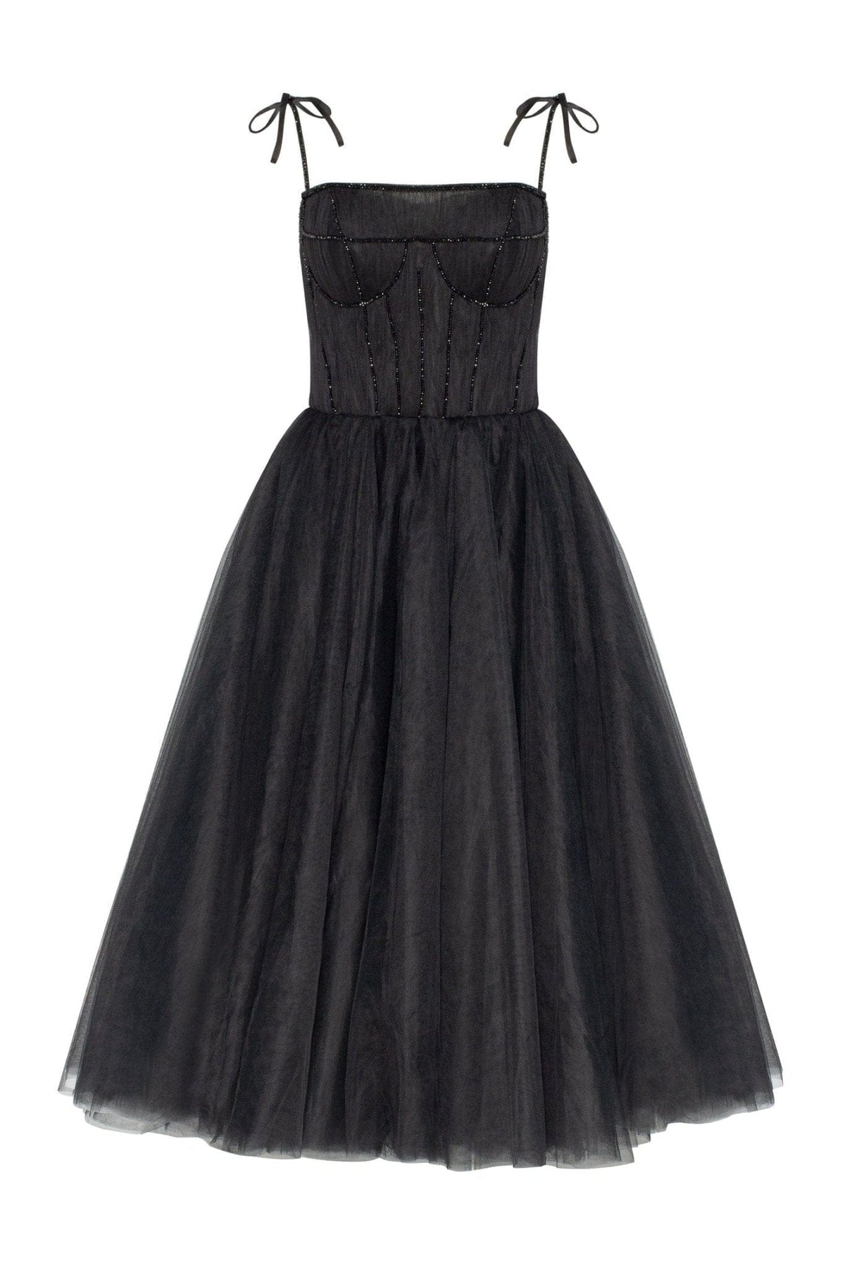 Black Tie-strap cocktail dress with the elegant corset embroidery - Milla