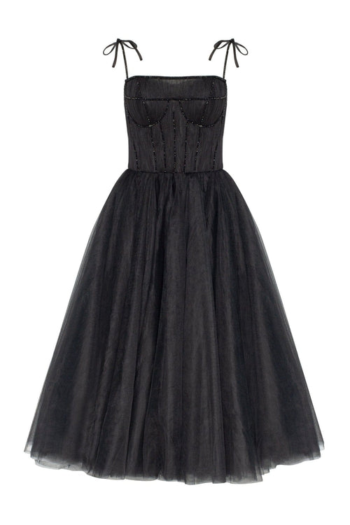Black Tie-strap cocktail dress with the elegant corset embroidery - Milla
