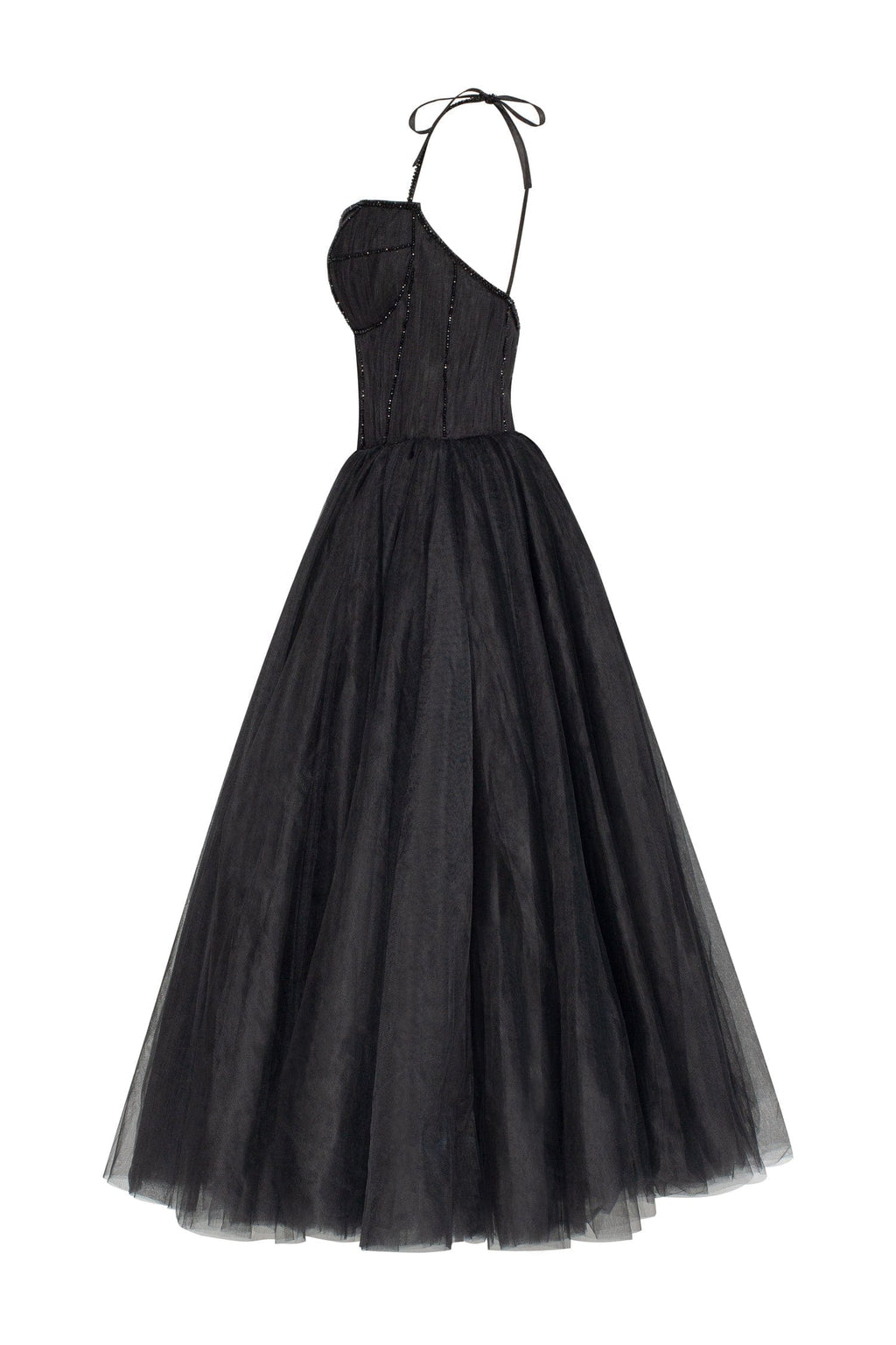 Black Tie-strap cocktail dress with the elegant corset embroidery - Milla