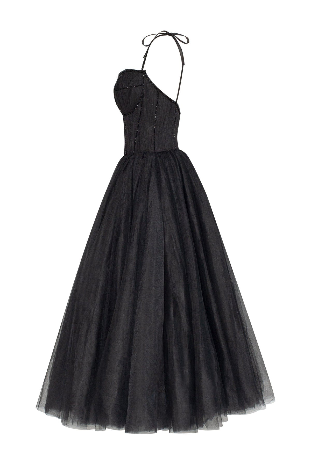 Black Tie-strap cocktail dress with the elegant corset embroidery - Milla