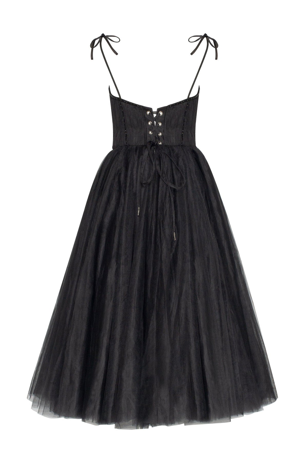 Black Tie-strap cocktail dress with the elegant corset embroidery - Milla