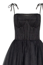 Black Tie-strap cocktail dress with the elegant corset embroidery - Milla