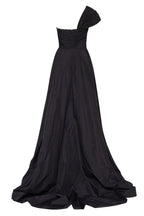 Black taffeta evening gown with a high slit and one-shoulder wrap top - Milla