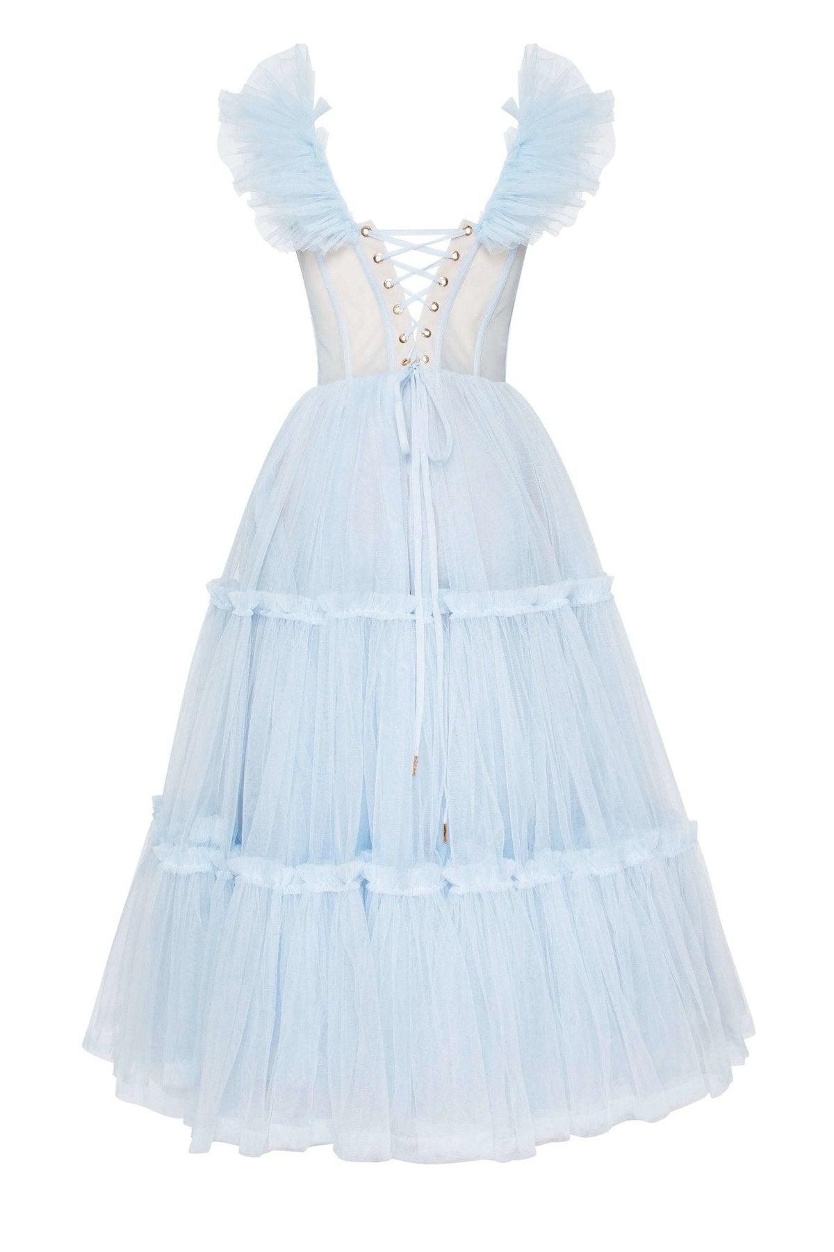 Light Blue Ruffled Tulle Midi Dress - Milla