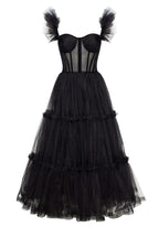 Black Ruffled Tulle Midi Dress - Milla