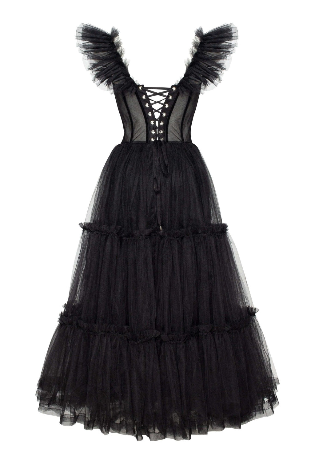 Black Ruffled Tulle Midi Dress - Milla