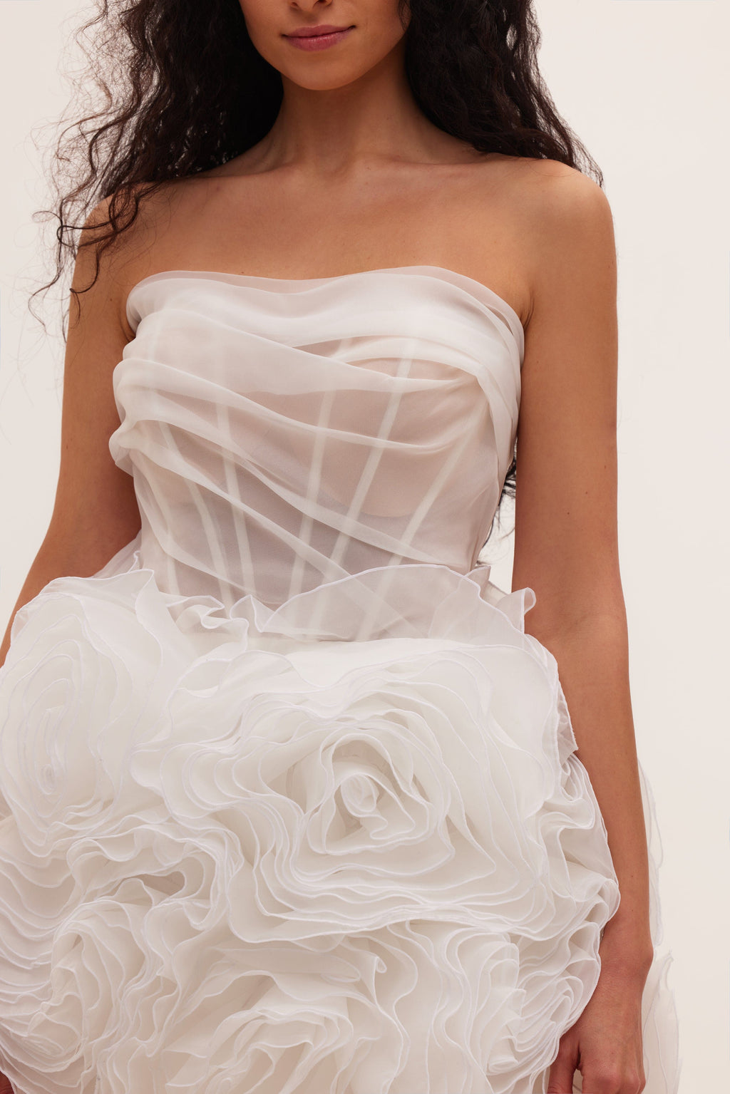 White-Organza Oversized-Rose A-Line Mini Dress