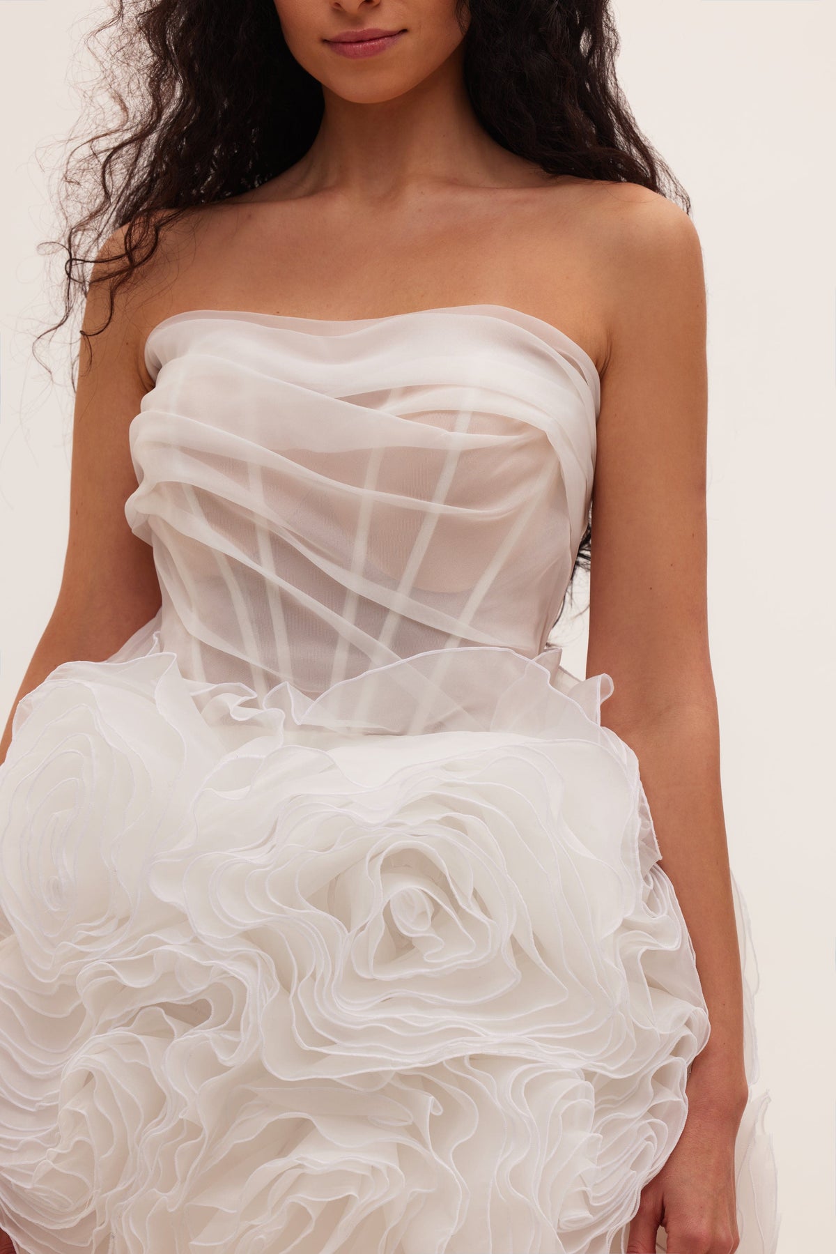 White-Organza Oversized-Rose A-Line Mini Dress