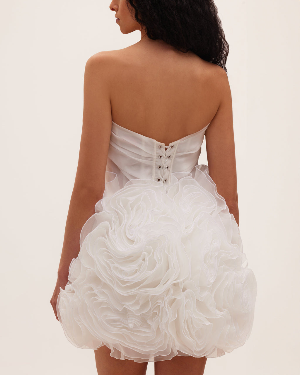 White-Organza Oversized-Rose A-Line Mini Dress