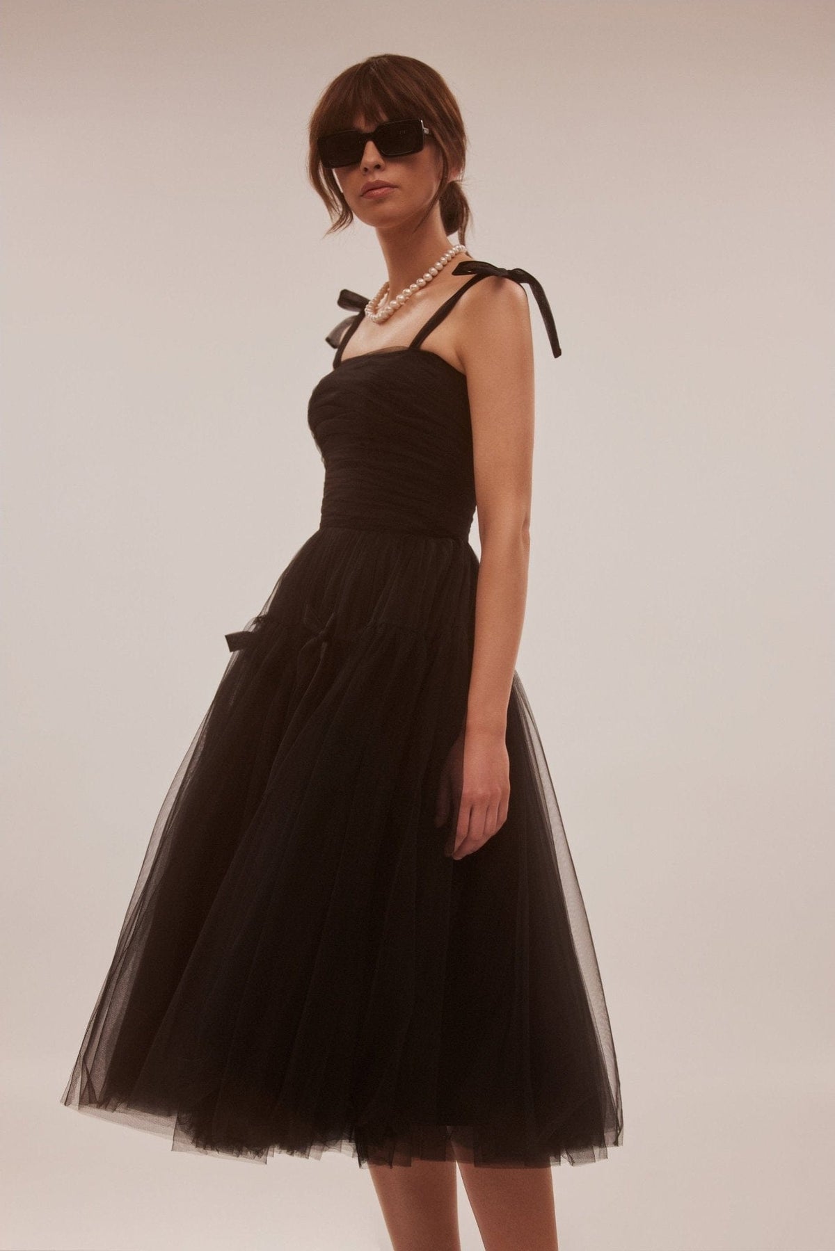 Adorable midi tie-strap black tulle dress - Milla