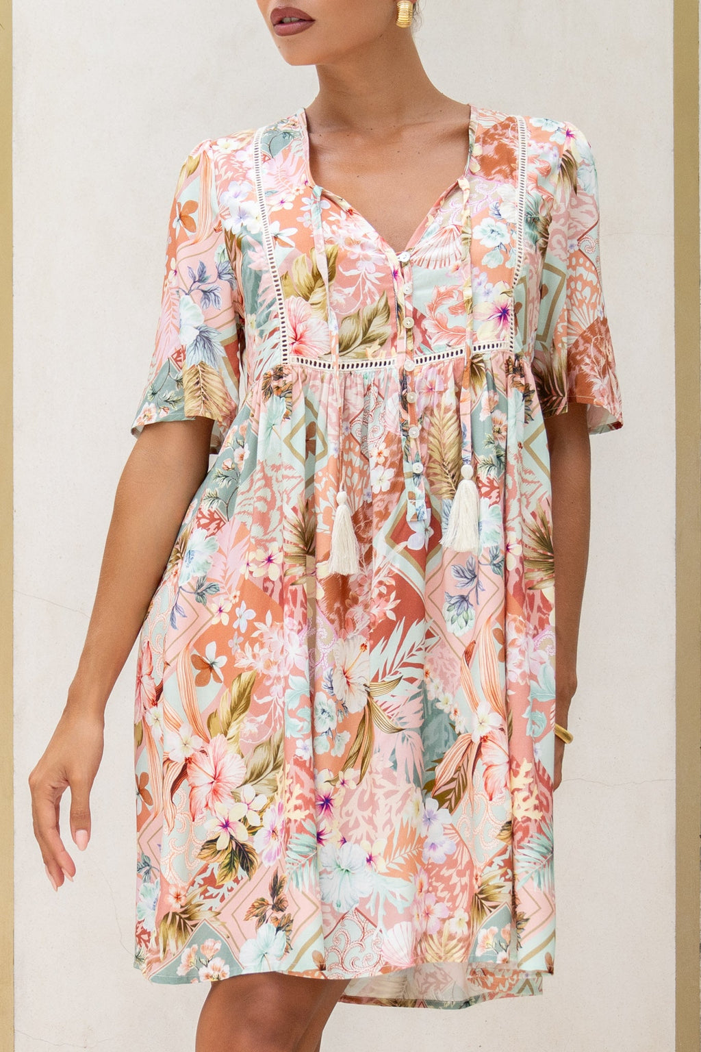 Multicolour Tropical V-Neck Mini Dress