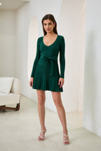 Green Pleated Knit Mini Dress