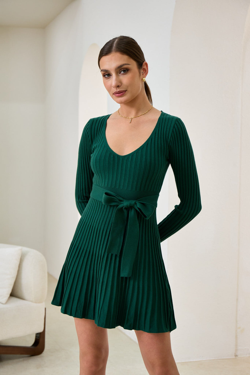 Green Pleated Knit Mini Dress