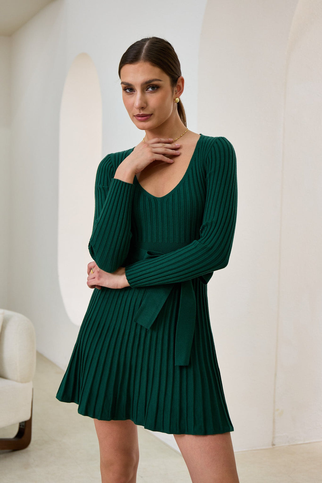 Green Pleated Knit Mini Dress