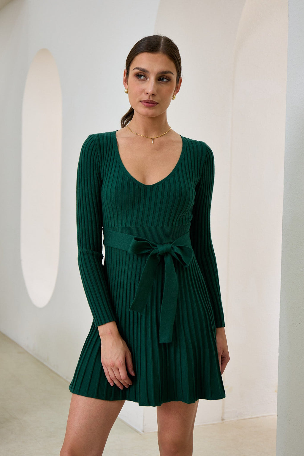 Green Pleated Knit Mini Dress