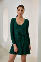 Green Pleated Knit Mini Dress