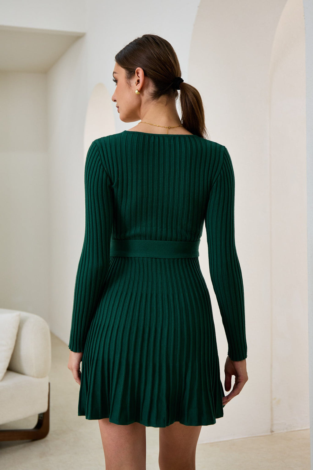 Green Pleated Knit Mini Dress