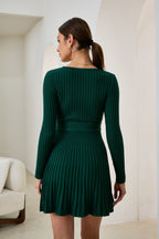 Green Pleated Knit Mini Dress