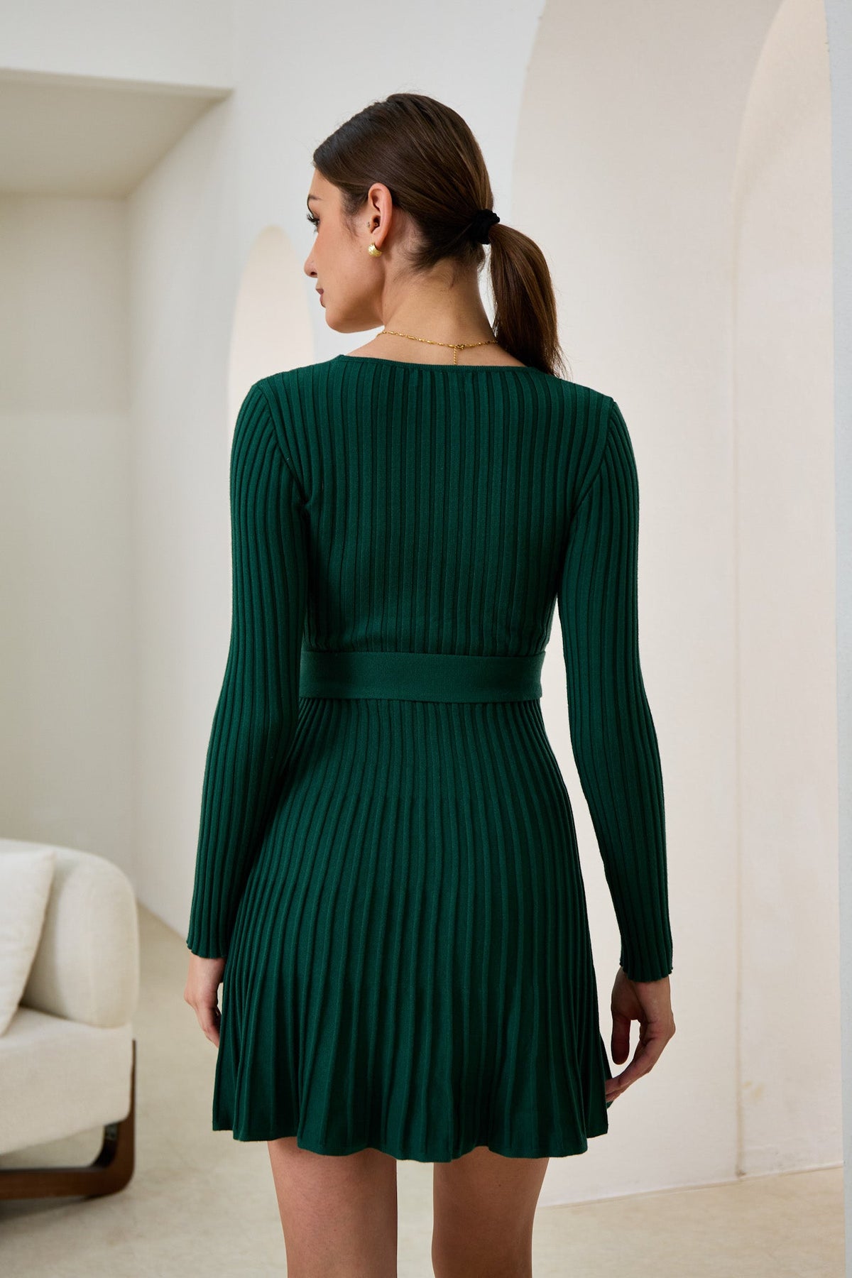 Green Pleated Knit Mini Dress