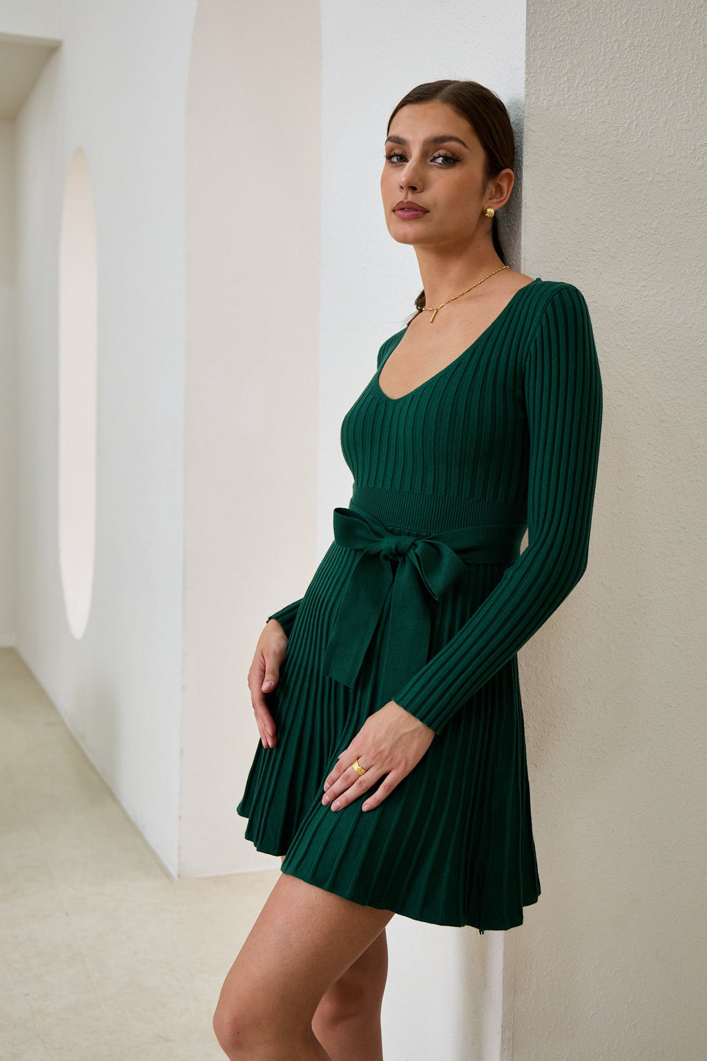Green Pleated Knit Mini Dress