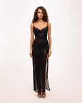 Black Sequin-Lace Spaghetti-Strap Fitted Maxi Gown
