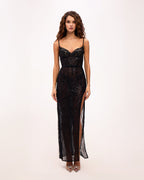 Black Sequin-Lace Spaghetti-Strap Fitted Maxi Gown