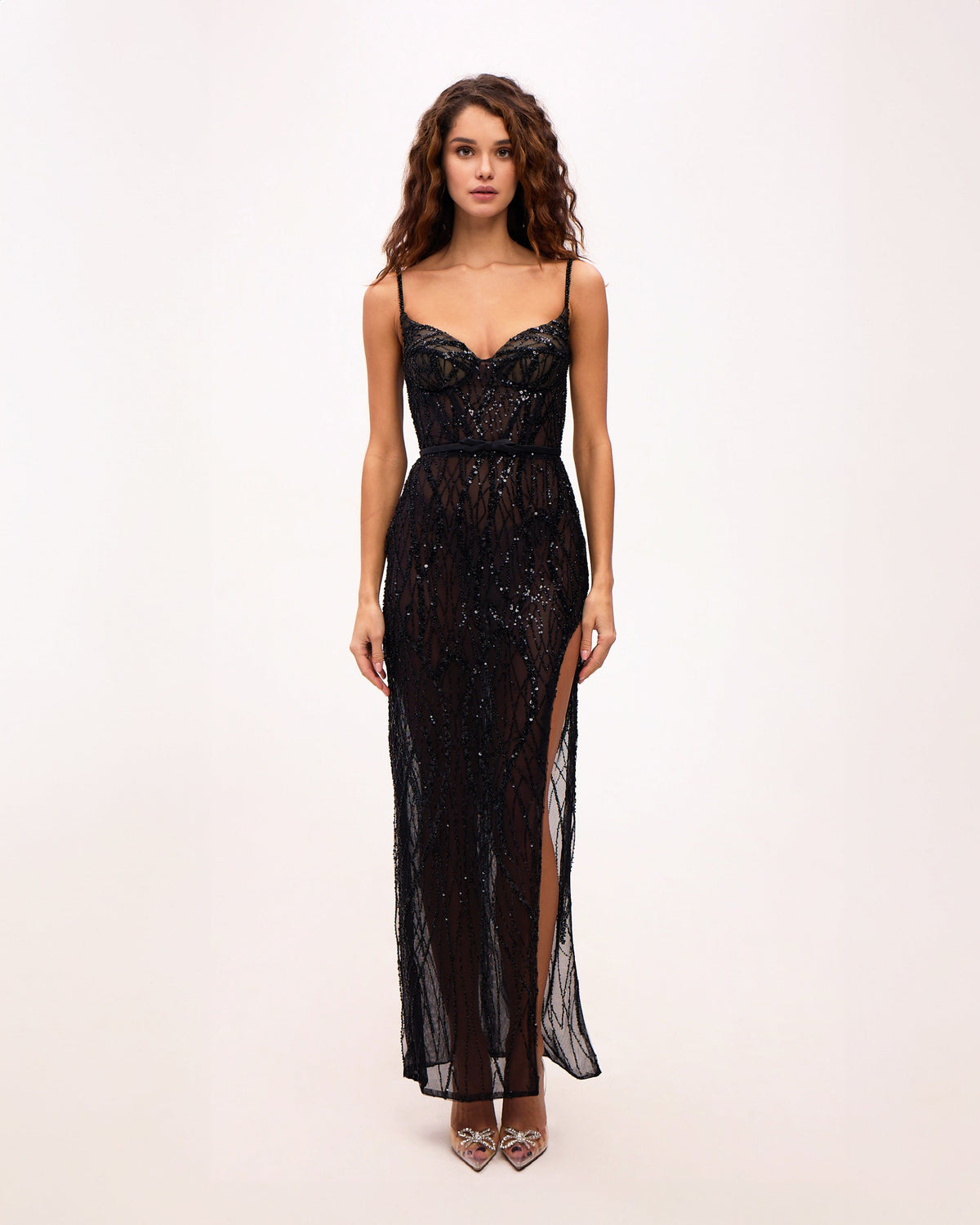 Black Sequin-Lace Spaghetti-Strap Fitted Maxi Gown