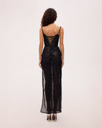 Black Sequin-Lace Spaghetti-Strap Fitted Maxi Gown
