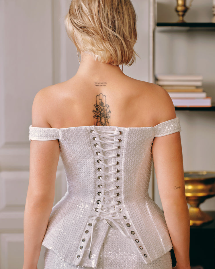 Wide-Strap Off-Shoulder Ivory Sequin Corset