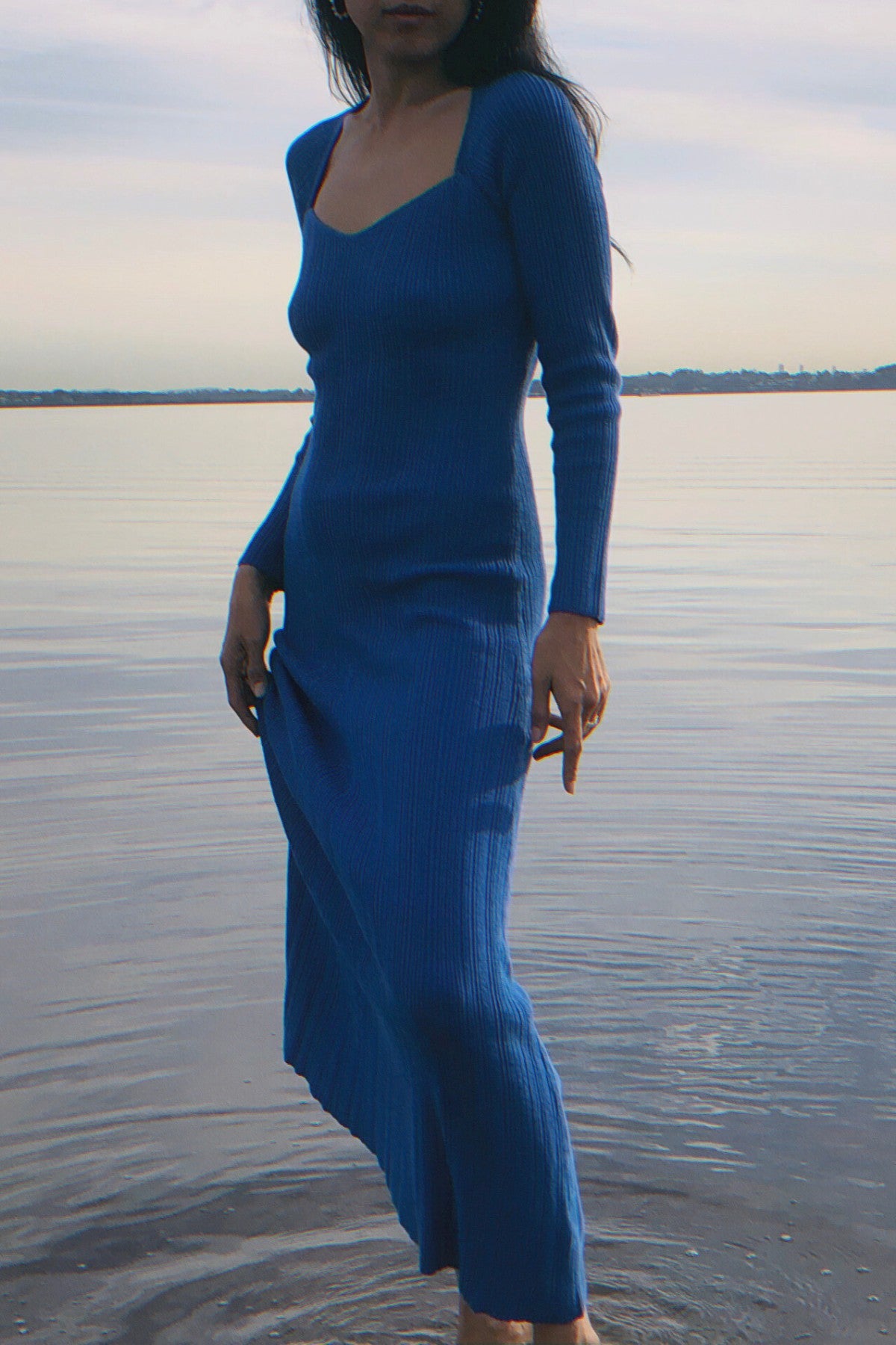 Blue Long Sleeve Knit Maxi Dress