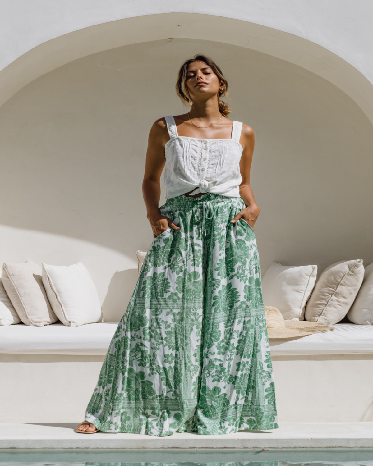 Green Floral Wide Leg Pants