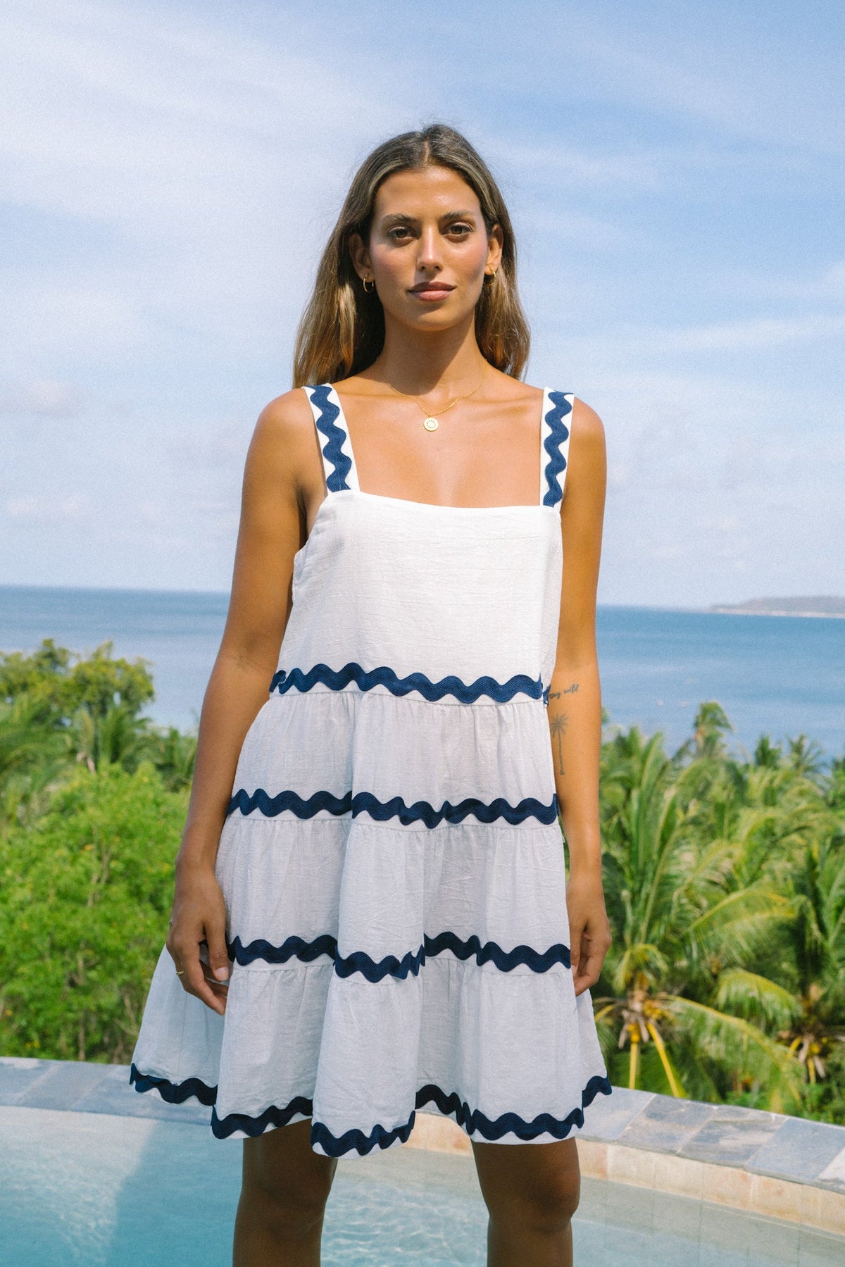 White Navy  Tiered Mini Dress