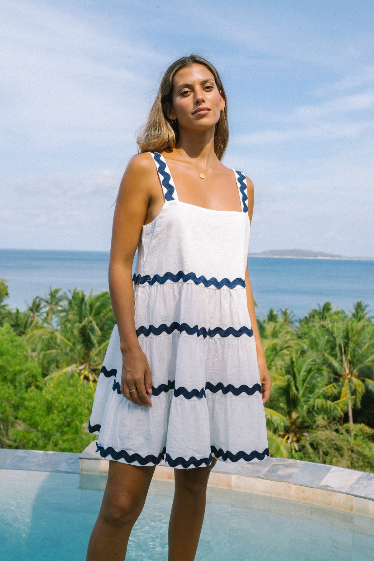 White Navy  Tiered Mini Dress