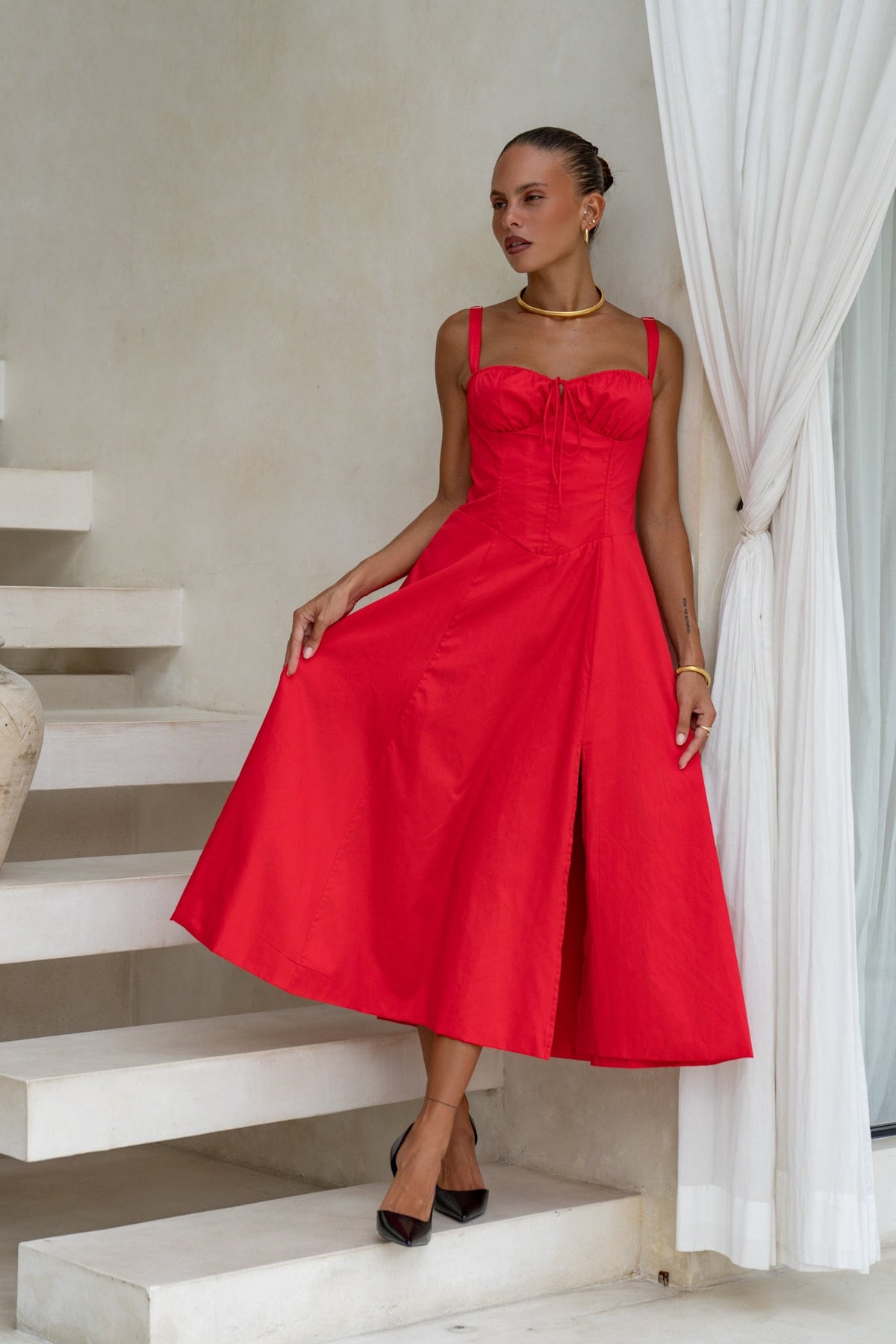 Red Corset Detail Midi Dress