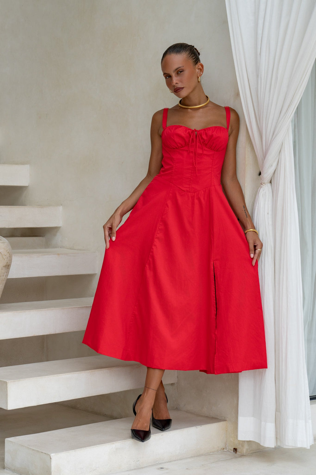 Red Corset Detail Midi Dress