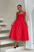 Red Corset Detail Midi Dress