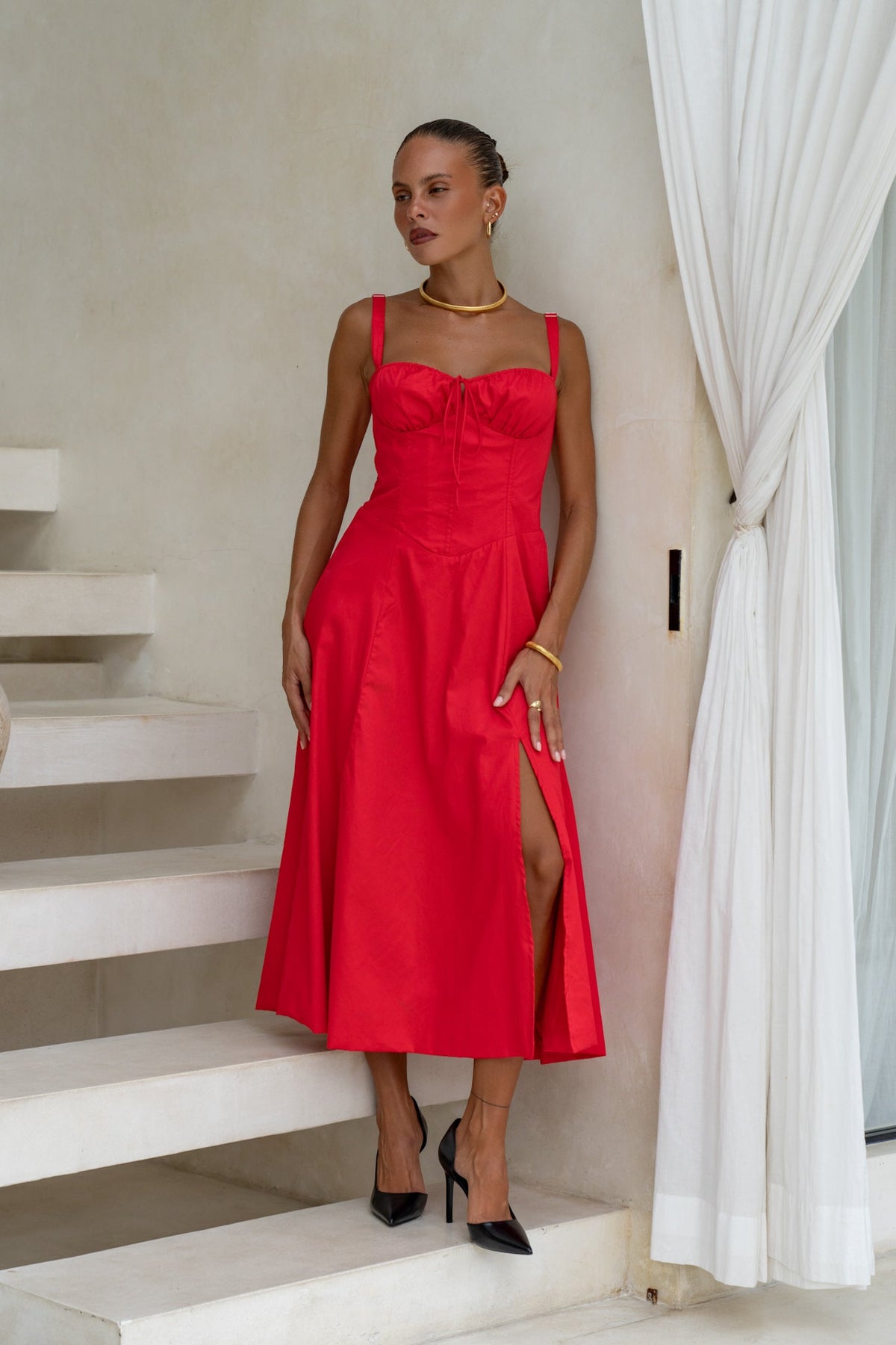 Red Corset Detail Midi Dress