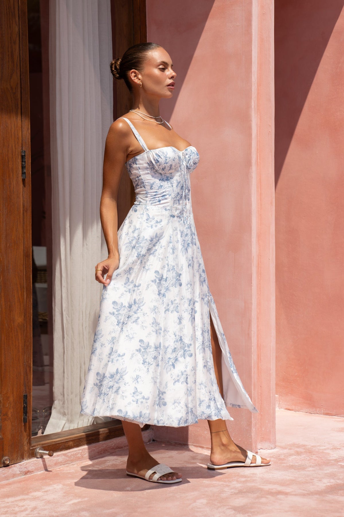 Blue Floral Corset Detail Midi Dress