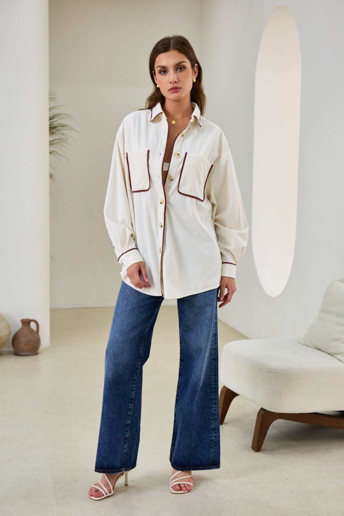 White Contrast Corduroy Shacket