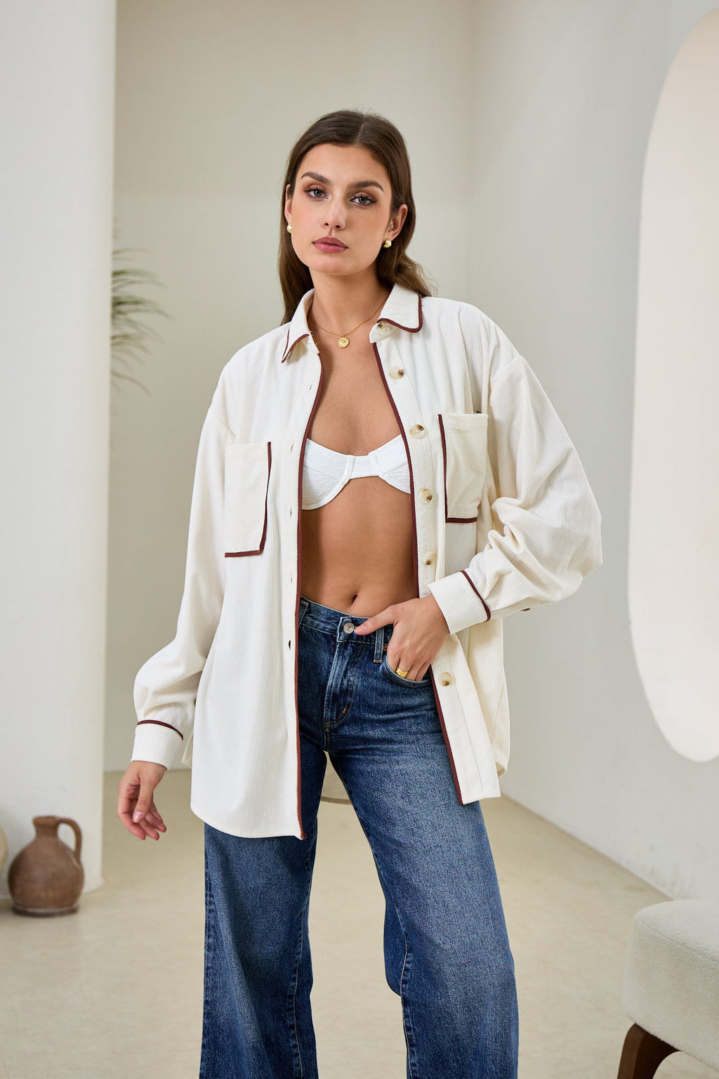 White Contrast Corduroy Shacket