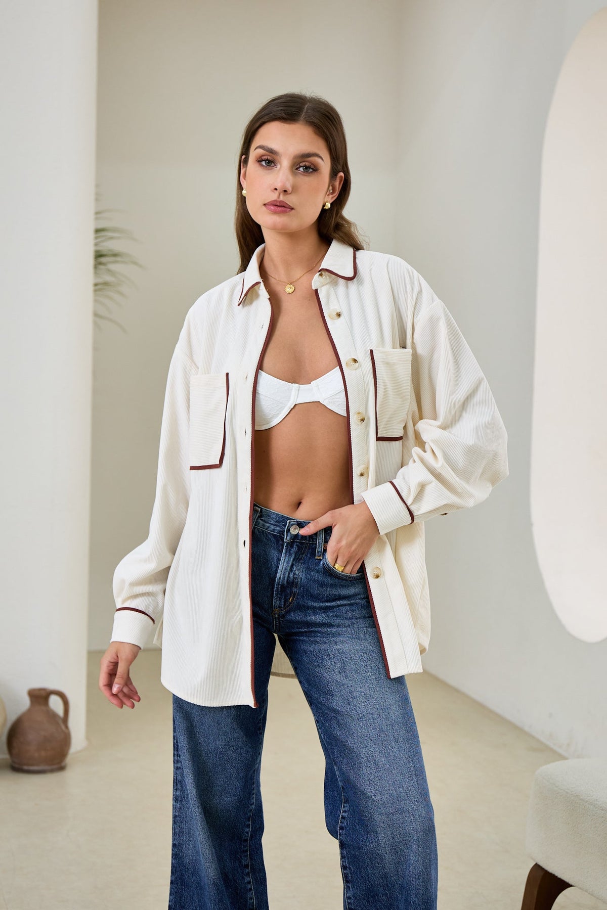 White Contrast Corduroy Shacket