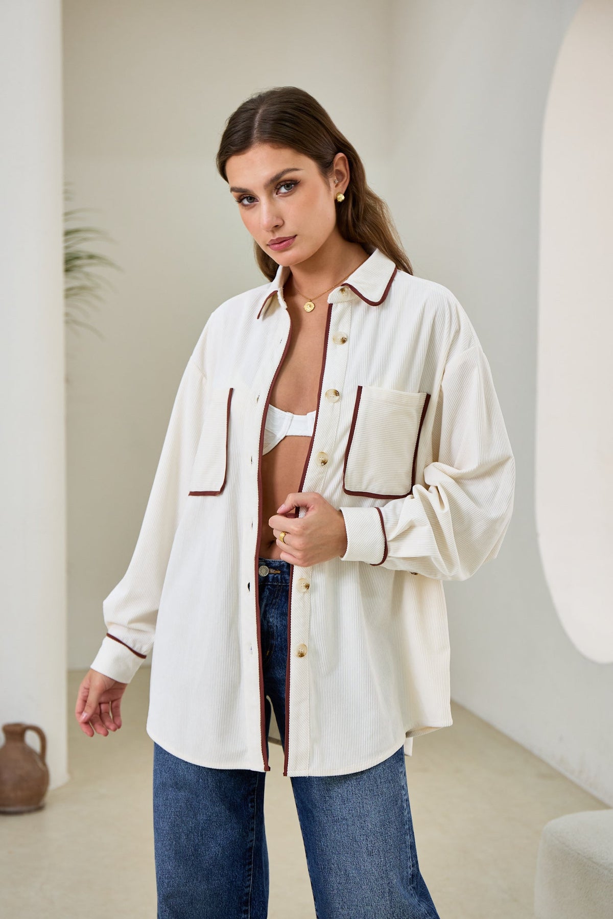 White Contrast Corduroy Shacket