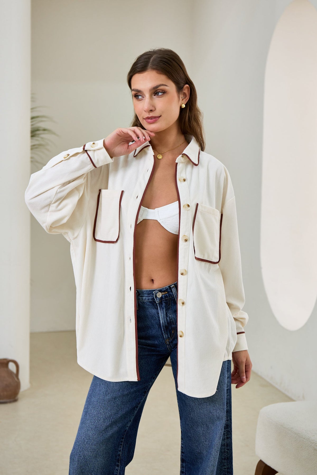 White Contrast Corduroy Shacket