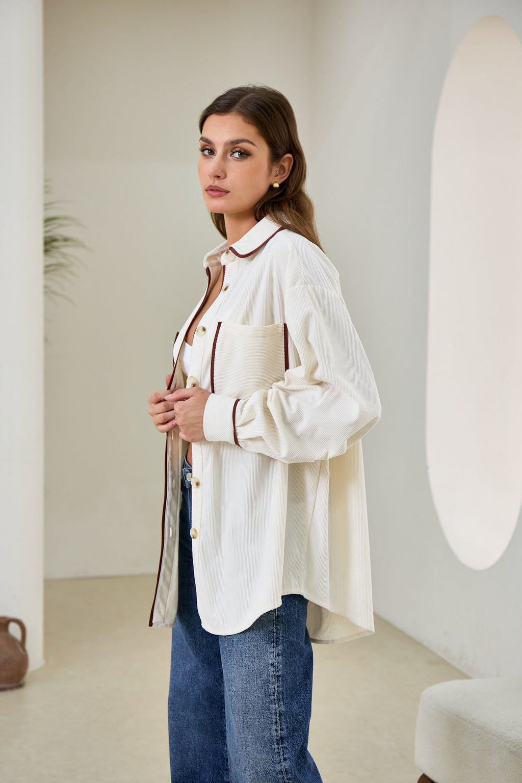 White Contrast Corduroy Shacket