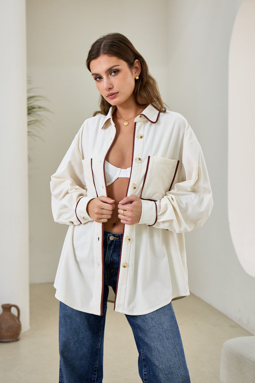 White Contrast Corduroy Shacket